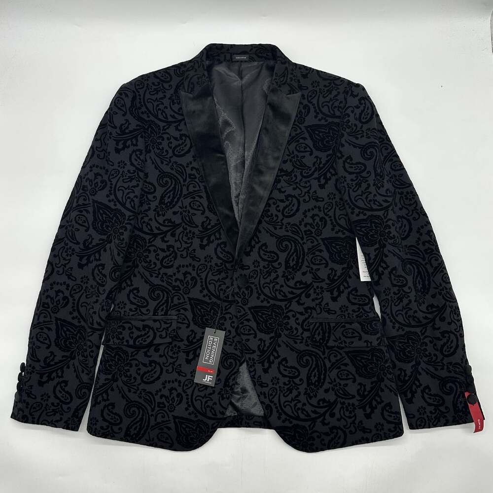 J Ferrar Slim Fit Size 42S Black Paisley Textured Velvet Evening Suit Jacket NWT